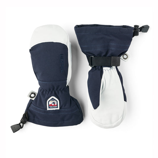 Navy blue mittens with a logo on a white background