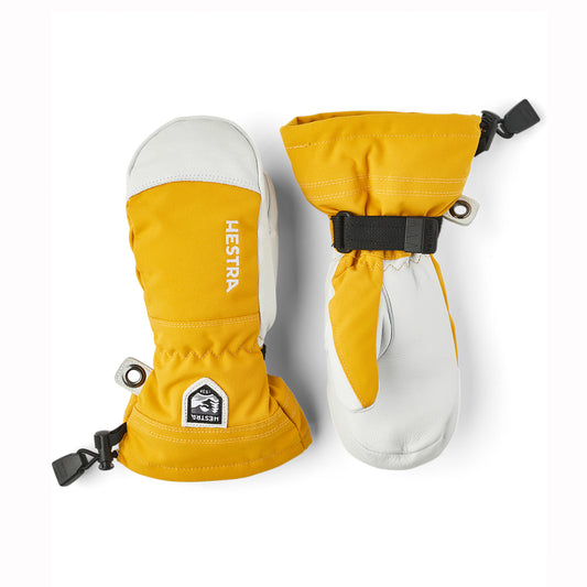 Yellow and white winter mittens with Hestra logo on a white background