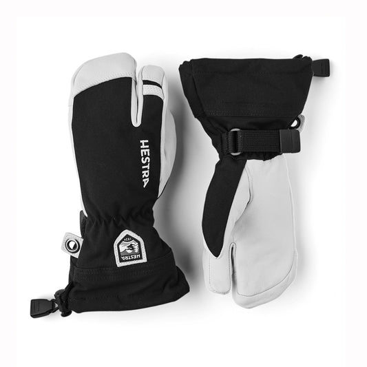 Black and white Hestra kids three fingered mittens on a white background