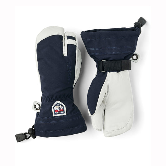 Pair of navy and white ski mittens with a brand logo on a white background