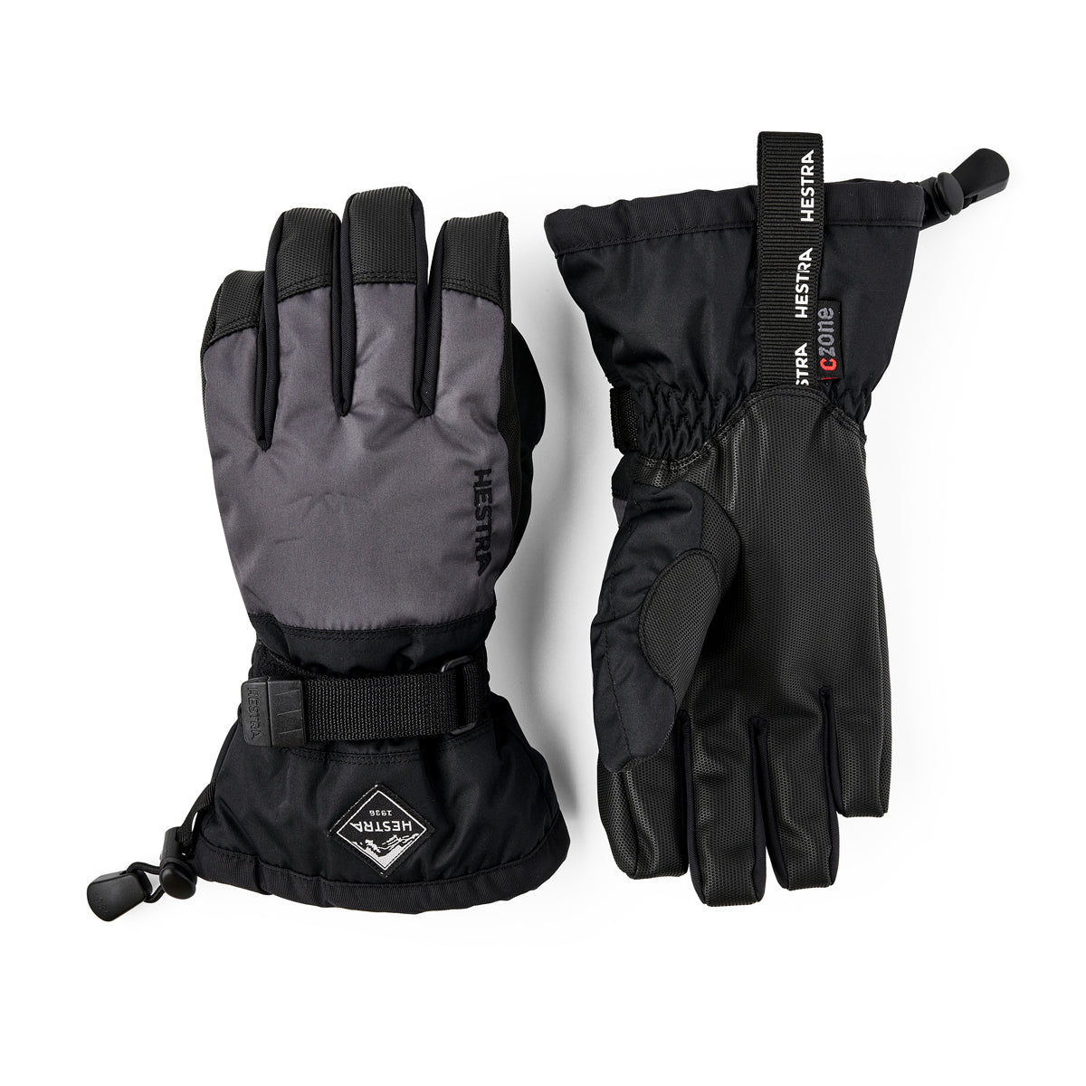 Kids black and grey ski gloves with Hestra logo