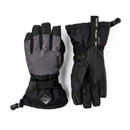Kids black and grey ski gloves with Hestra logo