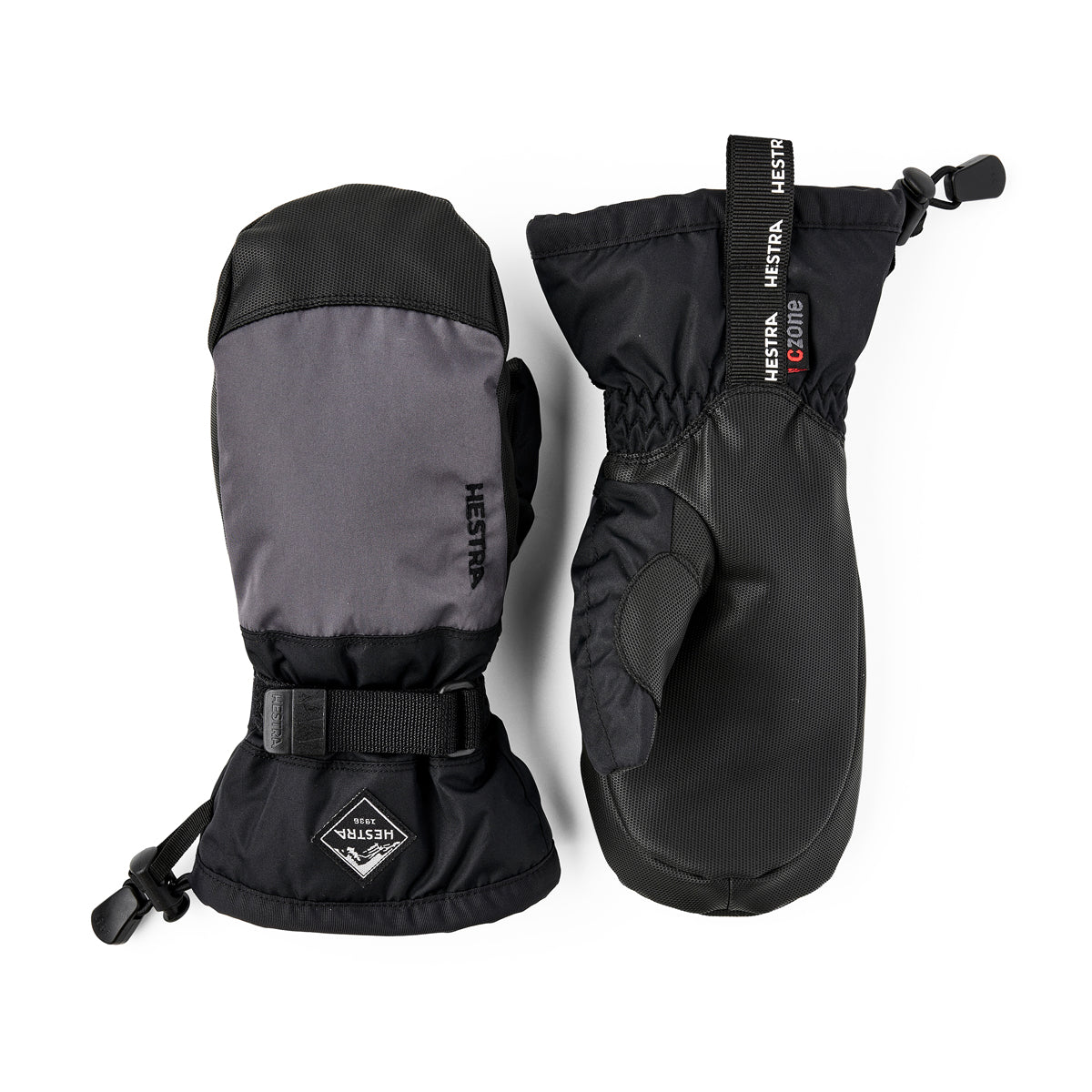 Pair of black and gray Hestra kids mittens on a white background