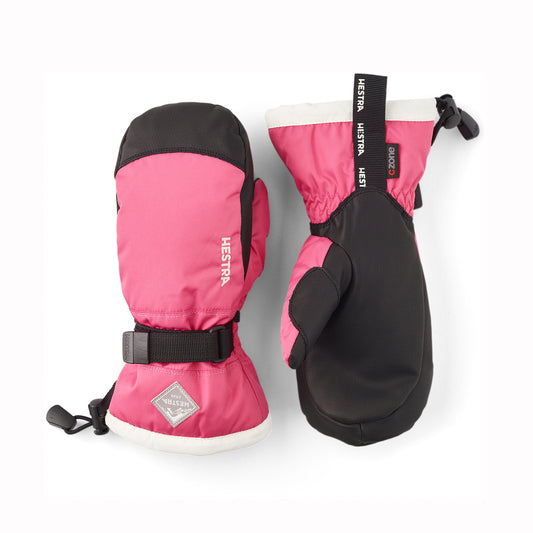Pair of pink and black mittens with visible branding on a white background