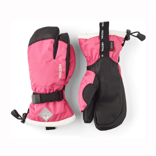 Pair of pink and black 3-fingered mittens with visible branding on a white background