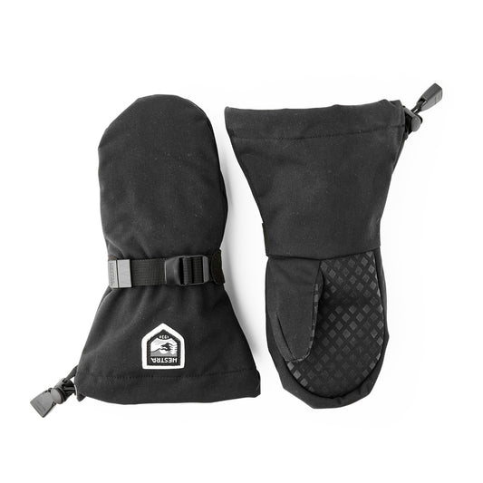 A pair of black winter mittens shown flat against a white background, displaying both the front with its buckle strap and the back with its textured grip panel.