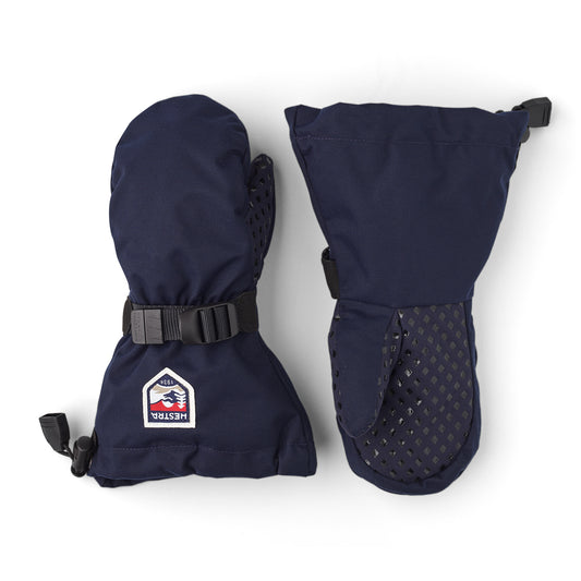Pair of navy blue mittens with a brand logo on a white background