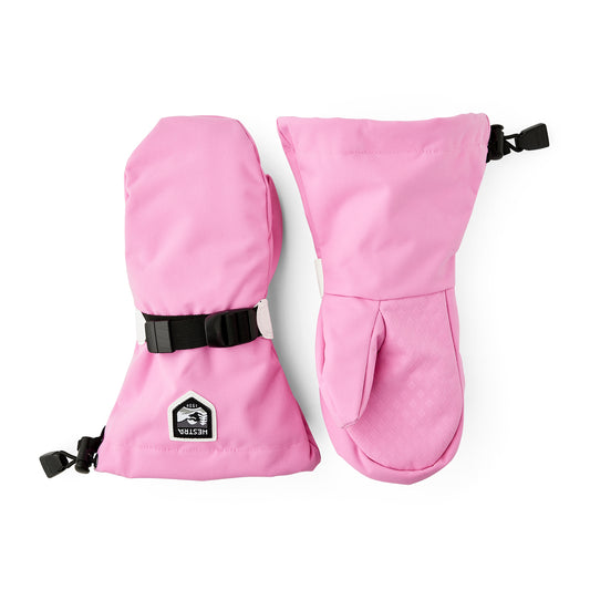 Pair of pink mittens with a black strap on a white background