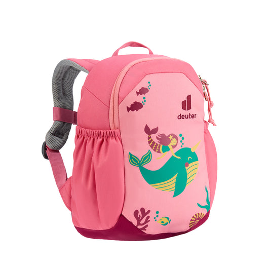Pink children's backpack with mermaid design on a white background