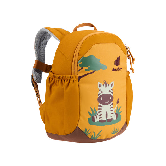 Yellow children's backpack with zebra design and Deuter logo on a white background