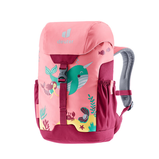 Pink children's backpack with mermaid and whale design on a white background