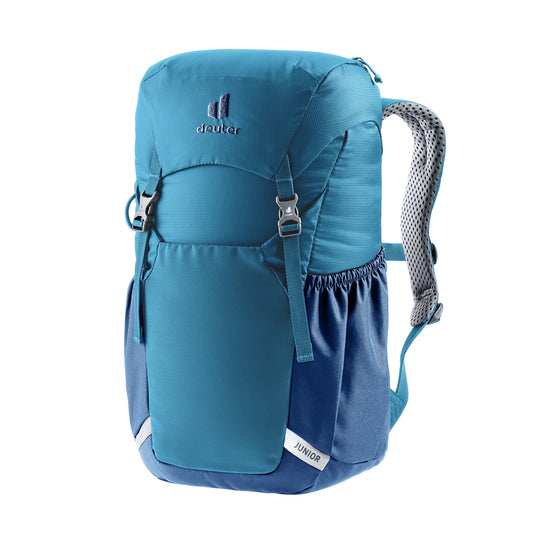 A blue Deuter Junior rucksack designed for children, featuring multiple compartments and adjustable straps.
