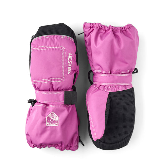 Pair of pink and black mittens with Hestra logo on a white background