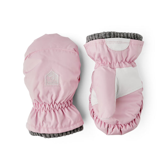 Pair of pink mittens with a brand logo on a white background