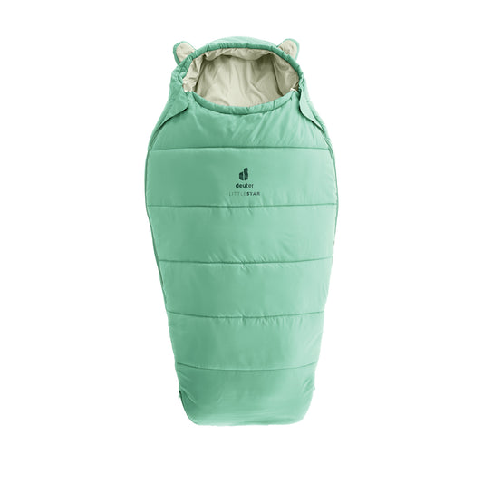 Green toddler sleeping bag with bear ears on a white background