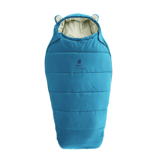 Blue toddler sleeping bag with a hood on a white background