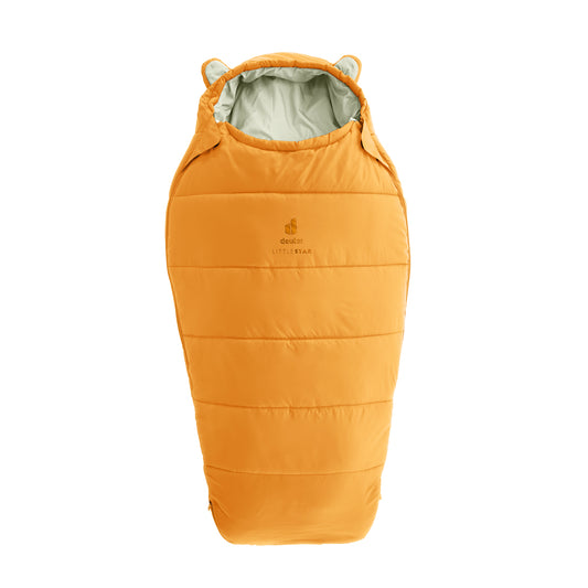 Orange toddler sleeping bag with ears on a white background