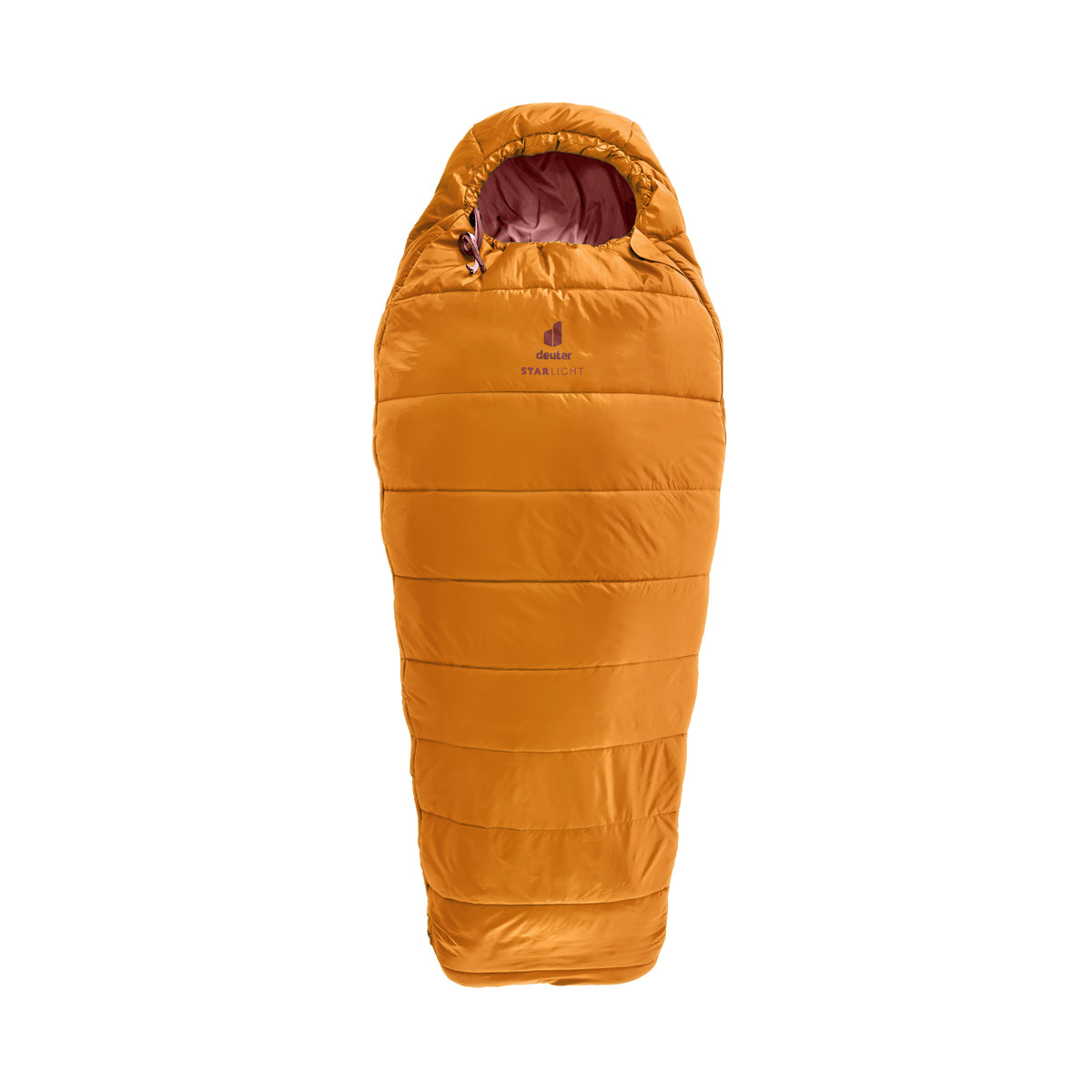 Orange kids sleeping bag with a brand logo on a white background