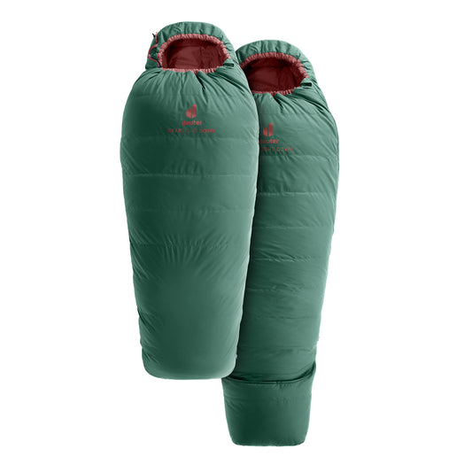 Green kids sleeping bag shown in short and extended mode, on white background