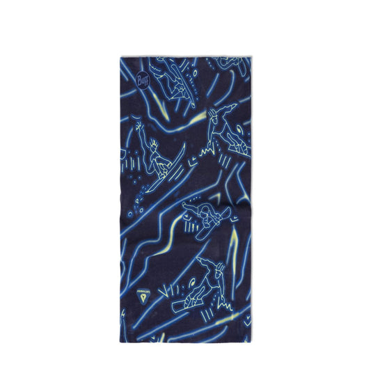 A navy blue neck gaiter featuring a repeating pattern of white and light blue line-art illustrations of snowboarders and skiers in an alpine setting.