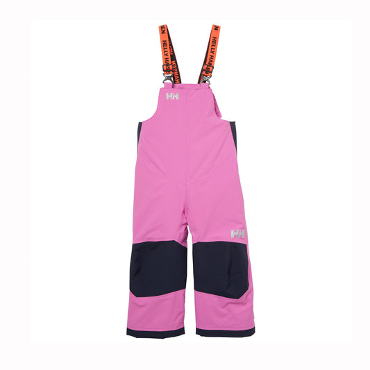 Pink snow pants with black accents and orange suspenders on a white background