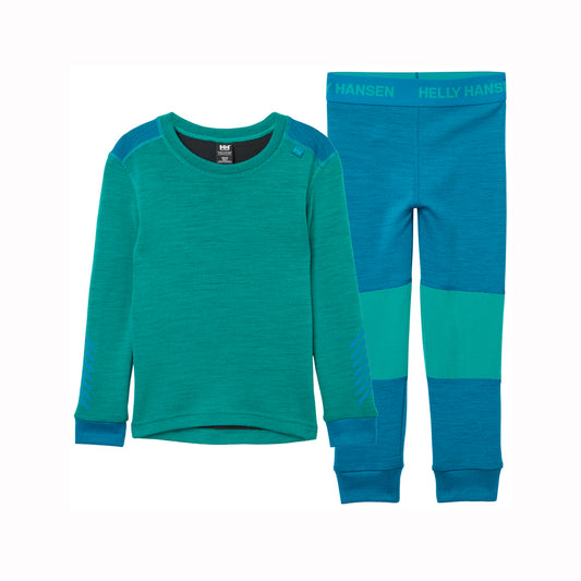 Children's teal and blue pajama set with 'Helly Hansen' branding on a white background