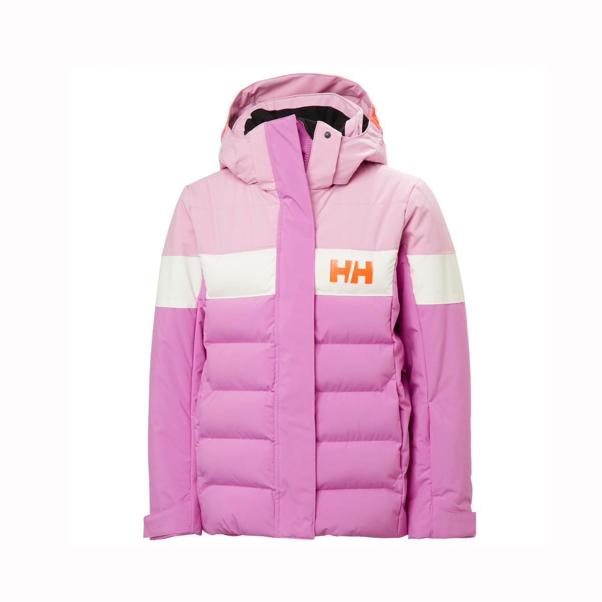 Pink puffer ski jacket with a brand logo on a white background