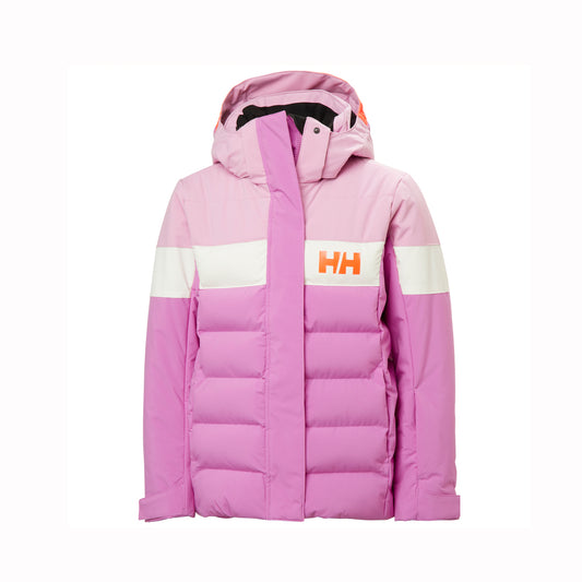 Pink puffer ski jacket with a brand logo on a white background