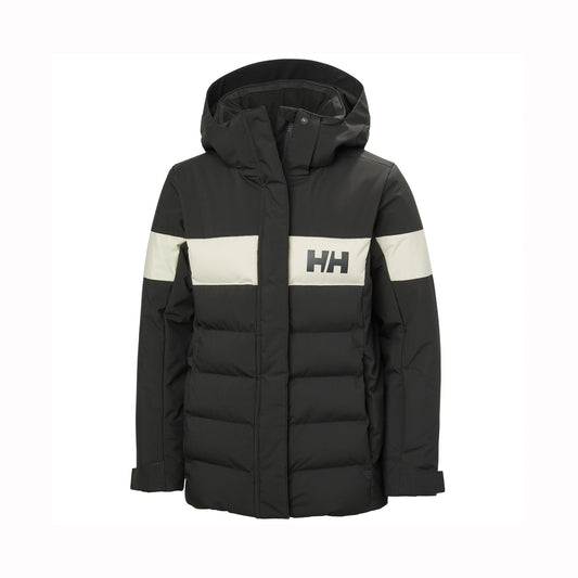 A black hooded puffer jacket with horizontal quilting, featuring a contrasting light beige chest stripe and a matching light beige horizontal band across the upper arms. The left chest displays the 'HH' logo of Helly Hansen.