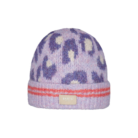 Purple leopard print beanie with a red stripe and Barts logo on a white background