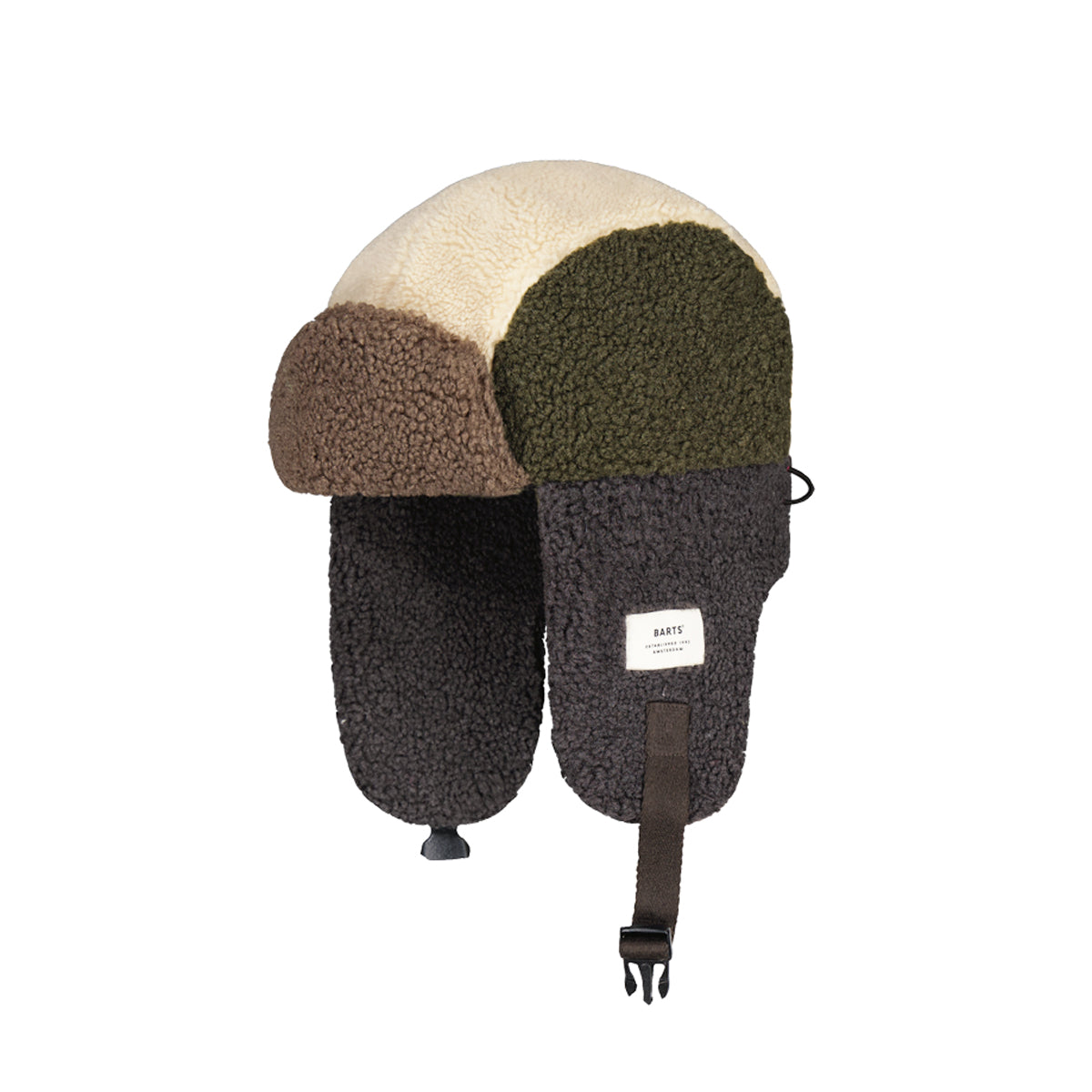 Two-tone fleece-lined aviator hat with a strap on a white background
