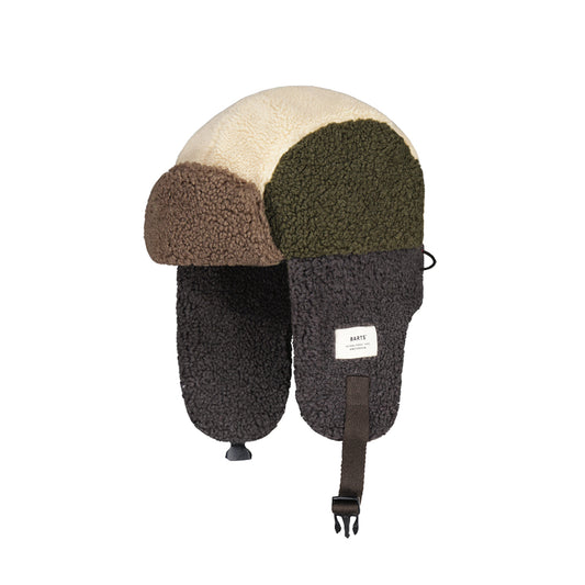 Two-tone fleece-lined aviator hat with a strap on a white background