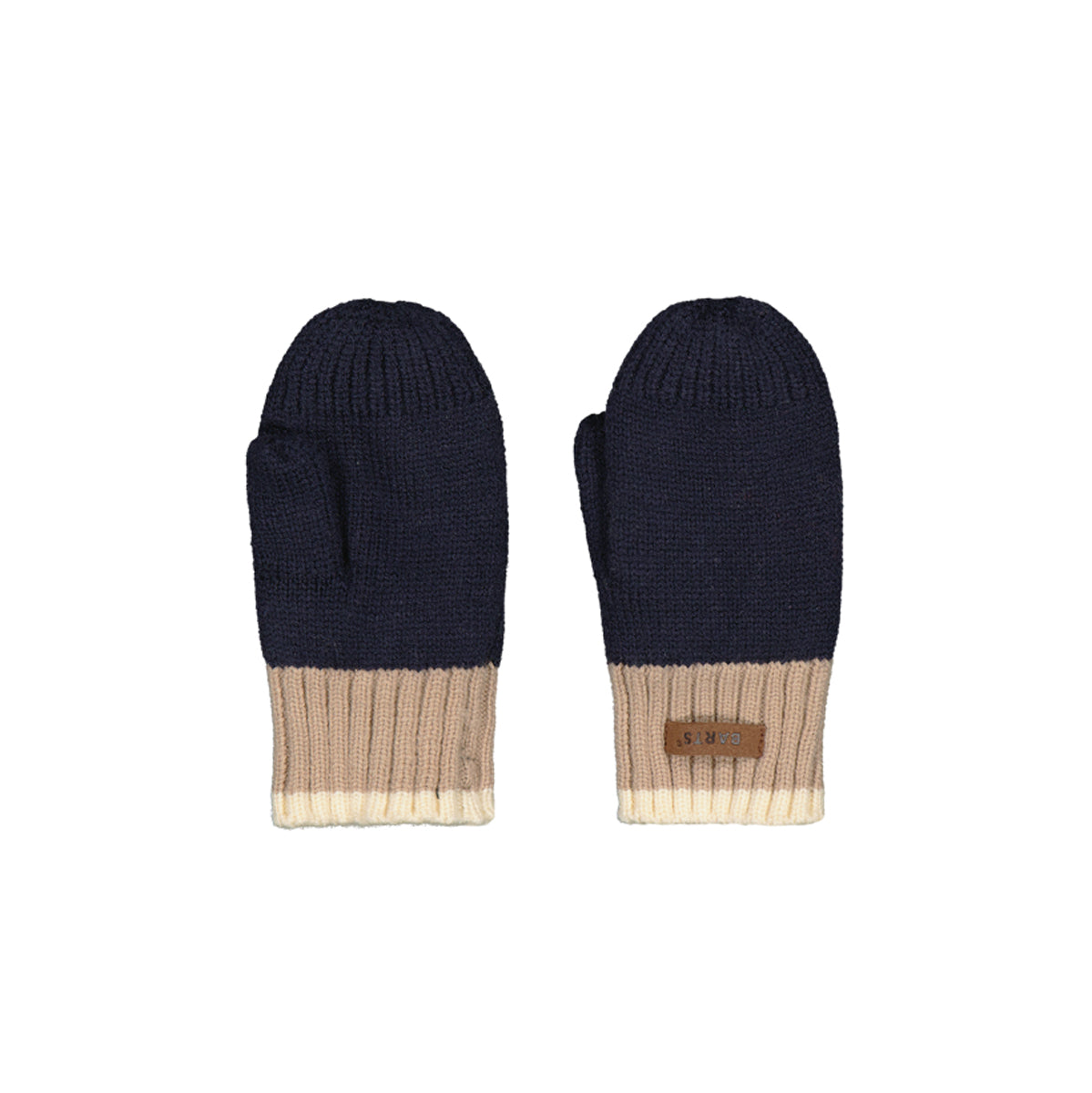 Pair of navy and beige mittens on a white background
