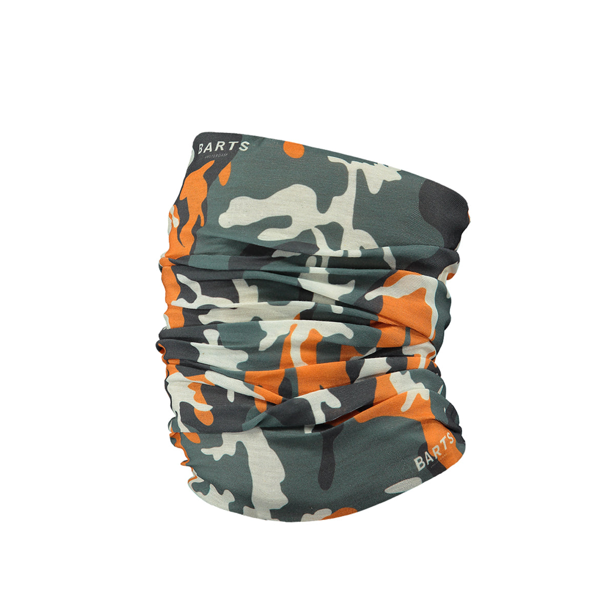 Camouflage-patterned neck gaiter with 'Barts' branding on a white background