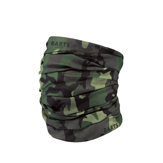 Camouflage-patterned neck gaiter with 'Barts' branding on a white background