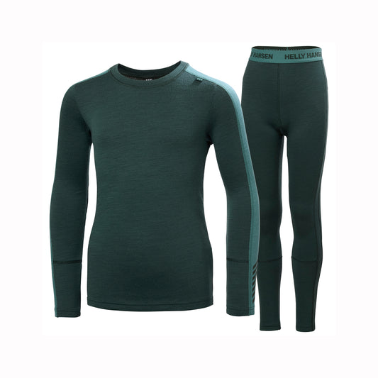 A two-piece men's base layer set from Helly Hansen, featuring a dark green long-sleeve top with light green side panels and matching dark green full-length leggings with a green waistband.