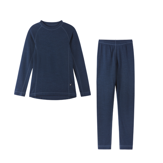 A two-piece children's thermal set featuring a long-sleeve top and matching pants in navy blue displayed on a clean white background.