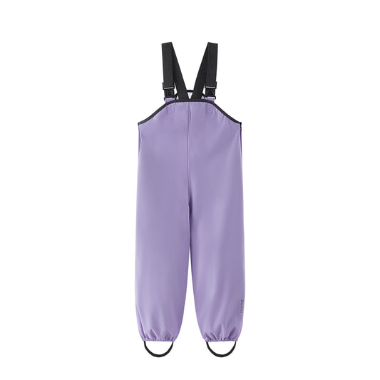 Purple kids rain pants with black straps on a white background