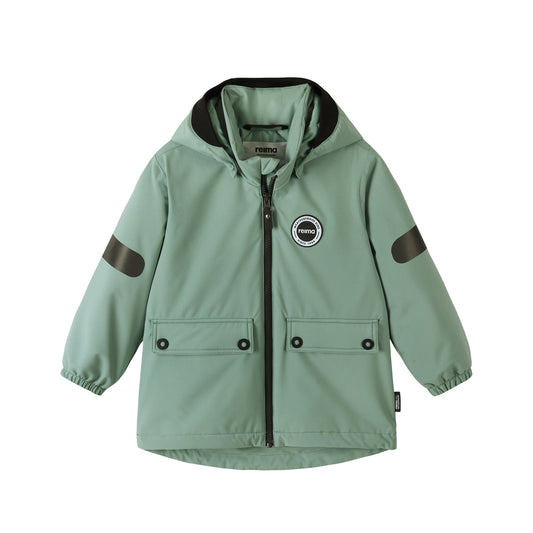 A sage green hooded kids jacket with dark brown elbow patches, a black zipper, and a circular logo patch on the left chest, displayed on a clean white background.