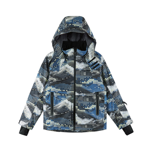 Boys ski jacket with blue grey pattern.