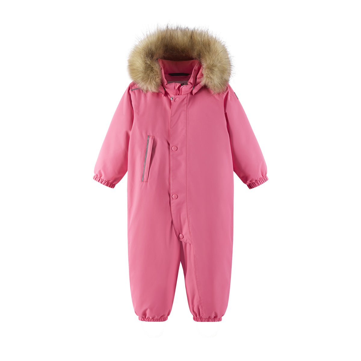 Pink toddler snowsuit with faux fur collar on white background