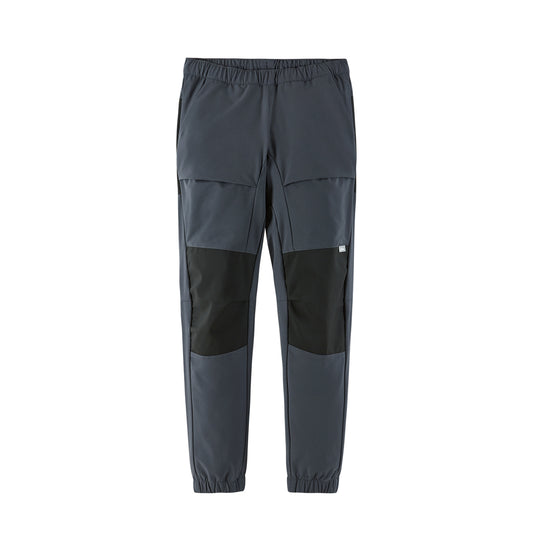 A pair of dark gray and black color-blocked athletic pants with an elastic waistband and tapered leg, shown against a plain white background.