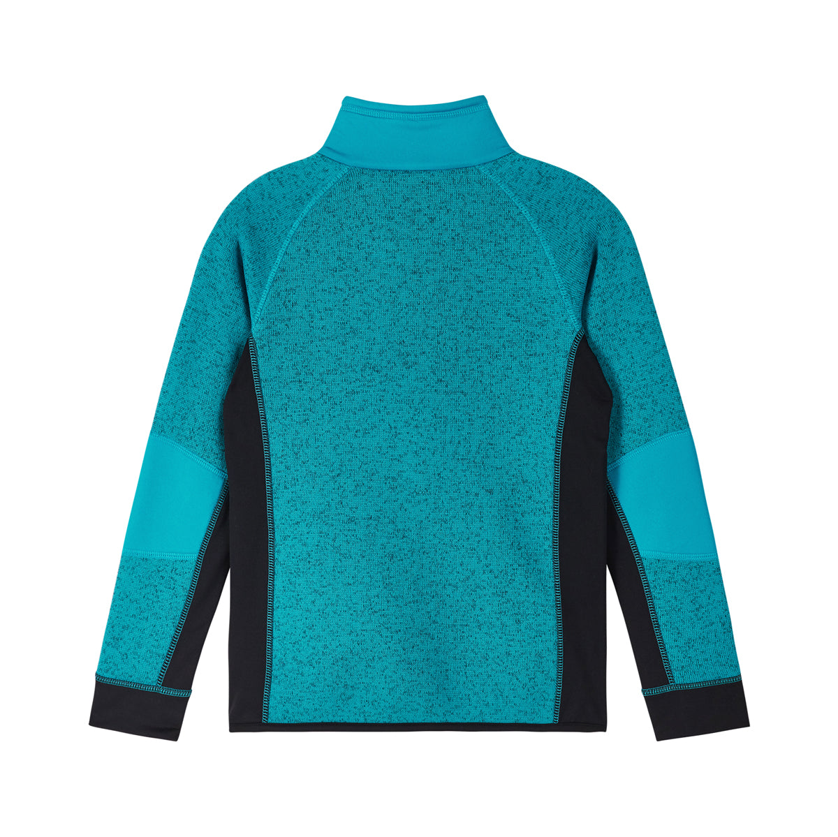A long-sleeve quarter-zip fleece jacket shown from the back, featuring a heathered teal body, solid teal collar and elbow patches, and solid black side and underarm panels.