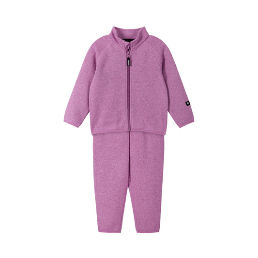 Mauve pink fleece toddler set with a long-sleeved zip jacket and matching pants, featuring a full-length zip with chin guard, elastic binding on sleeve ends and hem, and two hand pockets.