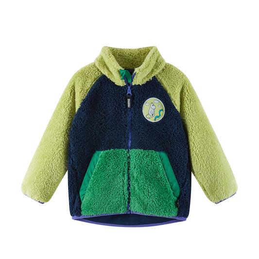 Children's fleece jacket with a colorful design on a white background
