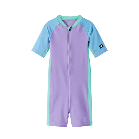 Purple and blue children's swimsuit with a zipper on a white background