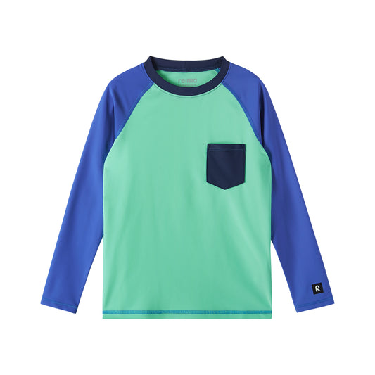 Blue and green kids UV long sleeved swim top on white background