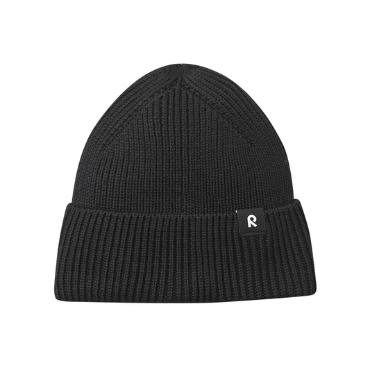 Black knit beanie with a logo on a white background