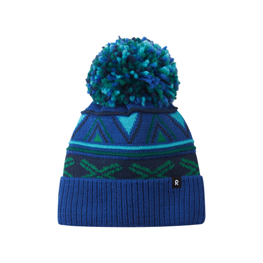 Blue knit beanie with a textured pom-pom on a white background