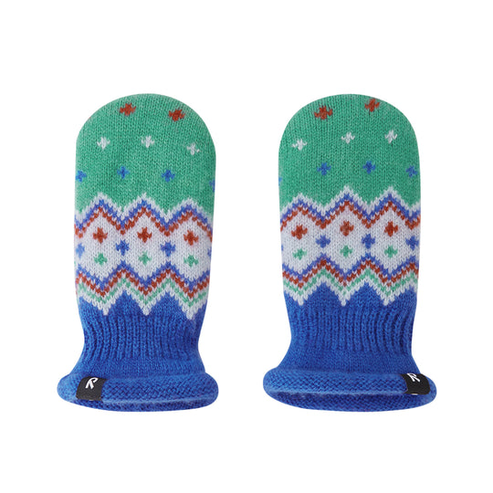 A pair of knit winter mittens with a green top section, multicolor Fair Isle pattern band, and blue cuffs, shown on a plain white background.